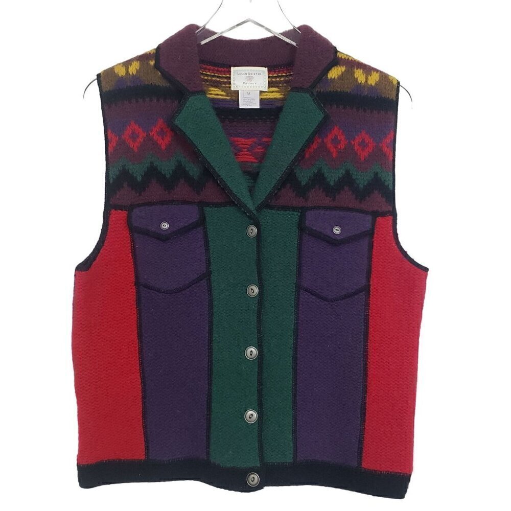 Vintage 90s Wool Western Vest Boho Southwestern Susan Bristol Womens Size Medium